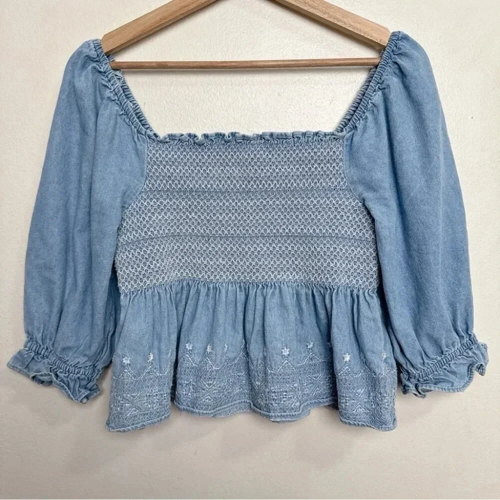 American Eagle Womens Small Smocked Square Neck Babydoll Chambray Top - Picture 5 of 14